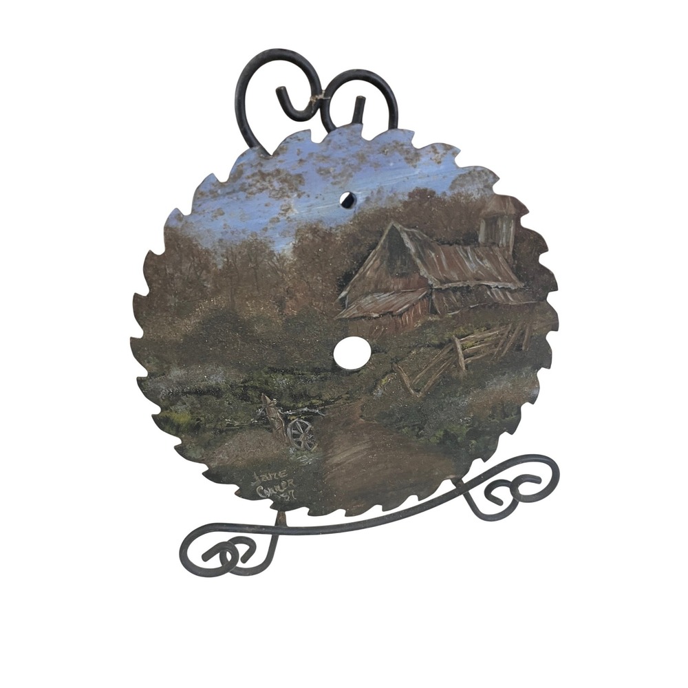 Vintage Hand Painted Saw Blade Art Jane Conner‎ 1987 Rustic Barn Landscape Stand